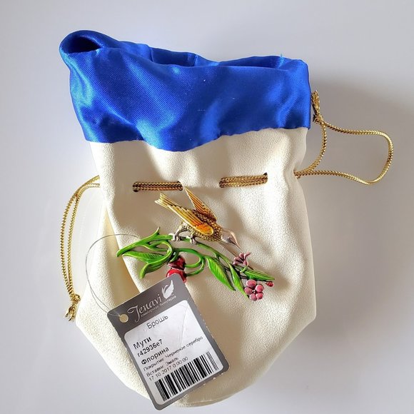 Handmade Silver plated Russian brooch - bird flowers - enamel pin - Picture 2 of 4